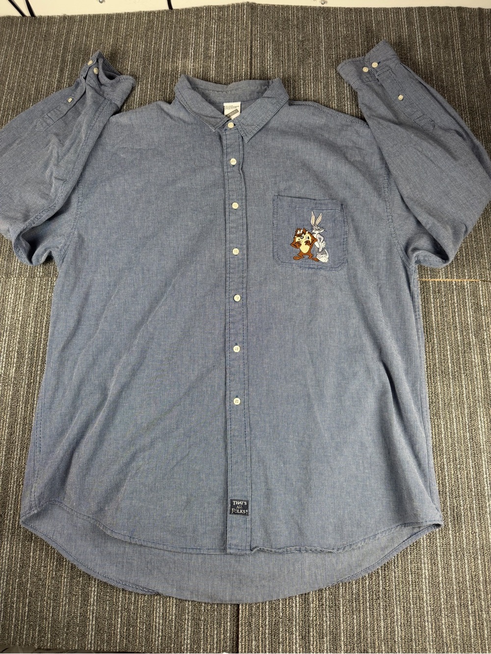 Warner Bros. Light Blue Men's Button-Down Shirt with Pocket Character Embroidery